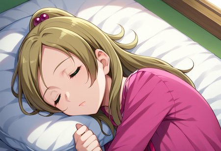 score_9, score_8, score_7, source_anime, minamino kanade, hair bobbles, sleeping