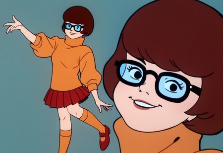 score_9, score_8_up, score_7_up BREAK VelmaCl, 1girl, brown bob cut, black eyes, glasses, orange turtleneck sweater, short red pleated skirt, orange knee-high socks, red mary jane shoes, posing for viewer, smiling, closeup, closeup shot,