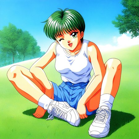 general,highres, ultra-detailed,very aesthetic,best quality ,best hands, BREAK <lora:Kiyokawa_Nozomi_Tokimeki_Memorial_IS:1>
Kiyokawa_Nozomi(Tokimeki_Memorial), 1girl, solo, green hair, short hair, green eyes, bangs, medium breasts,
one eye closed,  shorts, 1990s (style), sneakers, shoes, open mouth, smile, blue shorts, 
 sitting, sleeveless, tank top, looking at viewer, white shirt,
outdoor, grass, sky,