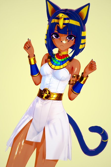 score_9, score_8_up, score_8, medium breasts, (curvy), cute, eyelashes,       BREAK, , BREAK, zzEgyptian, animal crossing, animal ears, zzAnkha, armlet, backlighting, bare shoulders, belt, blonde hair, blue hair, blunt bangs, blunt ends, bob cut, cat ears, cat girl, cat tail, closed mouth, cropped, daniel deng, dark skin, dress, eye of horus, eyelashes, eyes visible through hair, facial tattoo, humanization, purple eyes, shiny skin, short hair, slit pupils, tattoo, usekh collar, white dress , <lora:Egyptian_PDXL:0.8>,, <lora:Koikatsu_PDXL:0.8>, , BREAK,  smile, looking at viewer, cowboy shot,  embedding:zPDXL, Expressiveh, <lora:SDXLFaeTastic2400:0.5>,  <lora:Expressive_H-000001:0.4>,