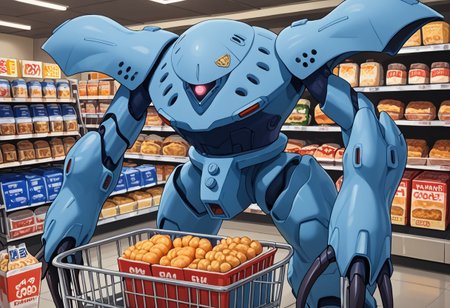 score_9, score_8_up, score_7_up, source_anime, front view, BREAK,  ( hygogg, blue_hygogg_armor, pink monoeye, from side, looking at viewer, long arms, very long arms, long claws) 1mech, blue mech, wide mech, large shoulders, large shoulder armor, mech focus, solo, BREAK, two arms, in grocery store, grabbing food, pushing shopping cart,