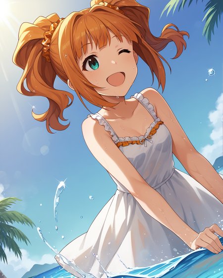 rating_questionable,
<lora:TakatsukiYayoi_pony_v1:1> tktkyyi, long hair, orange hair, twintails, hair scrunchie, bangs, aqua eyes, small breasts,
sundress,  beach, open mouth,  smile,  see-through silhouette,  dutch angle, wading,  wet, wet clothes,  splashing,  one eye closed, 
palm tree,  
 <lora:Pony_DetailV2.0:1.2>, score_9, score_8_up, score_7_up, source_anime,
