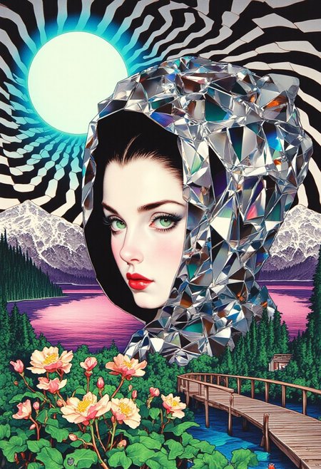 A high-resolution, highly detailed, hyper-realistic ArsMJStyle colored pencil hyper-detailed realism illustration of a gothic-inspired woman with fair skin wearing a rigid, tightly-fitted hood made of diamond simulants, each facet catching light, creating dazzling reflections. Her blunt-fringed jet-black hair barely peeks through, emphasizing the hood’s brilliance. Her striking green eyes, framed by bold green eyeshadow and dark lashes, gaze with piercing intensity. Her deep red glossy lips contrast against her smooth complexion. The diamond simulants refract and scatter light, casting dynamic reflections on her face. The background blends digital and traditional painting, featuring a hypnotic black and white striped pattern interwoven with a geometric spiral, creating an illusion of depth. A vivid turquoise sphere resembling a glowing moon hovers at the center, surrounded by a soft halo. Below, pink and yellow flowers emerge from deep green leaves, transitioning into a serene lake reflecting snow-capped mountains. A wooden dock leads to a secluded cabin on the left, while the right is framed by a dark forest tinged with purple and pink. The spiral structure subtly shifts in density, merging with the optical illusion of the striped pattern, creating a surreal yet harmonious atmosphere. The composition focuses entirely on her face and hood, blending futuristic elegance with bold, modern artistry.