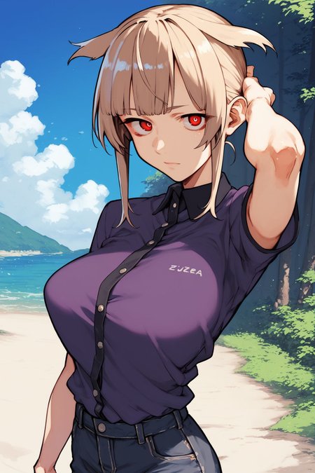 score_9, score_8_up, score_7_up, 1girl, puzzled, looking at viewer, arm_up, beige hair, bangs, hair flaps, red eyes, large breasts, dark purple clothes, outdoors, panorama, dim light  <lora:kotoyama_PonyXL_style_v01:1>