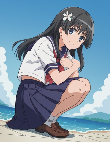 score_9, score_8_up, score_7_up, source_anime, <lora:saten-ruiko-s3-ponyxl-lora-nochekaiser:1>, saten ruiko, black hair, blue eyes, long hair, hair ornament, flower ornament,, blue skirt, pleated skirt, sakugawa school uniform, school uniform, serafuku, skirt, summer uniform,, laundry day, clothesline, drying clothes, domestic life, fresh air, blue sky, smile, looking at viewer, knee bent, arm across chest, foot on ground, solo,, cowboy shot, dutch angle