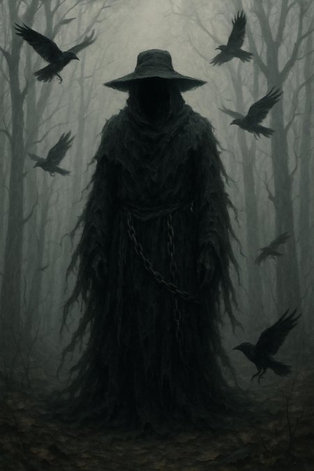 a mysterious, cloaked figure standing in a foggy, eerie forest. The figure is dressed in tattered, dark robes that appear to blend with the mist, giving an ethereal and ghostly appearance. The face is obscured by shadows, and a wide-brimmed hat adds to the enigmatic aura. Chains hang loosely around the figure's waist, adding a sense of foreboding. Surrounding the figure are several black birds in flight, enhancing the ominous atmosphere. The background is filled with bare, twisted trees, and the ground is scattered with fallen leaves, contributing to the haunting, surreal setting. The overall color palette is muted, with shades of gray, black, and hints of brown, emphasizing the dark, mysterious theme of the scene.