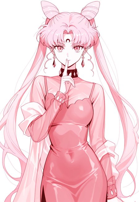 masterpiece, best quality, absurdres, very aesthetic, high score, black_lady_usa, 1girl, facial mark, solo, crescent facial mark, hair bun, cone hair bun, crescent, double bun, forehead mark, jewelry, crystal earrings, twintails, earrings, long hair, aged up, pink theme, looking at viewer, finger to mouth, pink hair, see-through, dress, white background, monochrome, parted bangs, simple background, very long hair,