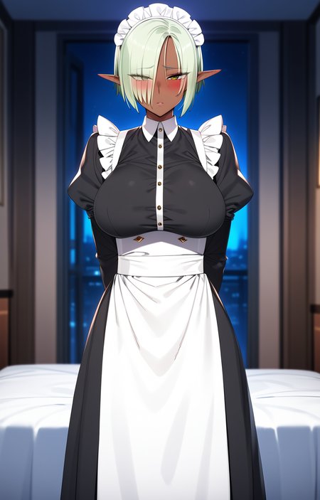 masterpiece, best quality, absurdres, 1girl, solo, standing, cowboy shot, ViolaAuris, arms behind back, half closed eyes, eyes visible through hair, looking at viewer, maid, long sleeves, puffy sleeves, maid headdress, long dress, frills, blush, half-closed eyes, straight-on, blurry background, indoors, night, dark-skinned female, (by yd \(orange maru\), by j.k.:0.8), by redrop, <lora:CYR 0.3v:0.6>, <lora:v-s-e-n-anxl-000079:0.6>,