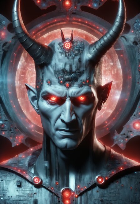 DonMQu4n7umZ3r0XL male  devil, embodiment of evil, cunning and charismatic, red skin, devil horns, fantasy, stagnant , post-apocalyptic wasteland, moon phases,chamber,cave passage,quantum tech, futuristic,circuit board,
<lora:DonMQu4n7umZ3r0XL-000006:0.8>,
