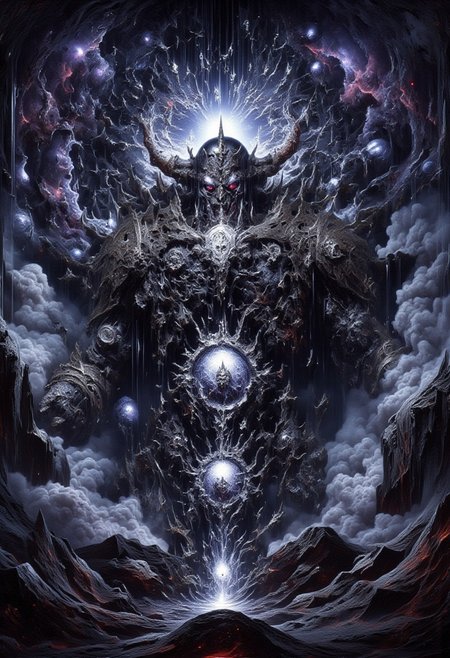 A massive demonic god of knowledge wisdom and madness:1, chaos god, lord of the abyss, Multiple eyes:3, eldritchtech, cosmic, dark energy , glowing eyes, extra eyes, horror \(theme\) , armor, magic, glowing  entropymagic, fantasy, dissolving, decay<lora:dark_fantasy_flux:0.83> <lora:FredFraiStyle-FLUX-Share:0.63> <lora:sxz-Dark-Fantasy-v2-Flux:0.33> drkfnts style,