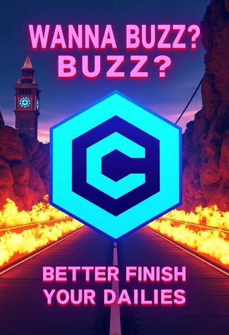 Create an image of a glowing blue hexagon civitaiLogo on an open road with fiery, neon-orange and yellow trails behind it. At the top, in a bold, retro-futuristic font, the text reads: 'WANNA BUZZ?' At the bottom, in the same style, it says: 'BETTER FINISH YOUR DAILIES' The overall aesthetic should feel dynamic, high-energy, and inspired by 80s sci-fi visuals. there is an old building with a clock tower in the background
