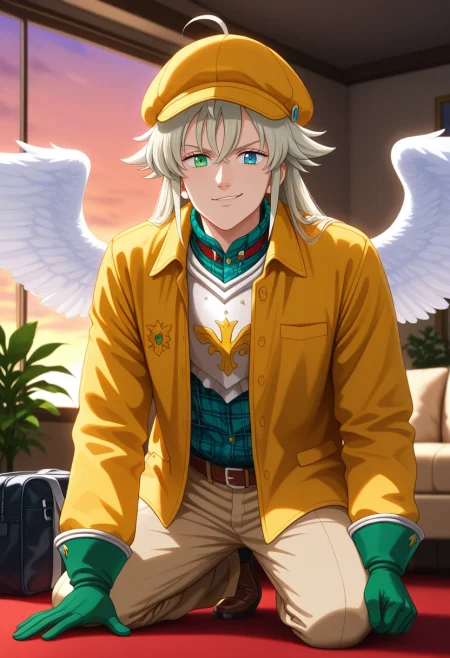 masterpiece, best quality, , (photorealistic:0.6), looking at viewer, 1boy, solo, male focus, <lora:tristan_liones_ilxl:0.9>, tristan_liones, grey hair, green eyes, long hair, ahoge, yellow jacket, armor, green gloves, heterochromia, blue eyes, white wings, rule of thirds, living room, plant, dusk, kneeling, smirk, Khaki pants, Seersucker Terracotta Flannel shirt, Espadrilles, Newsboy cap with ear flaps, School Bag