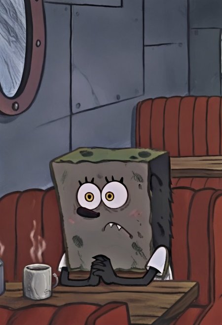 score_9, score_8_up, score_7_up, (Fixhand), source_anime, furry male, solo, black fur, animal ears, yellow eyes, sharp teeth, claws, BREAK, mikus-concept, sitting alone in an empty diner, looking ahead with a thoughtful and sad expression on his face, hands folded on the table in front of a cup of hot drink, red sofas are visible in the background, sitting, sitting on a red sofa,
