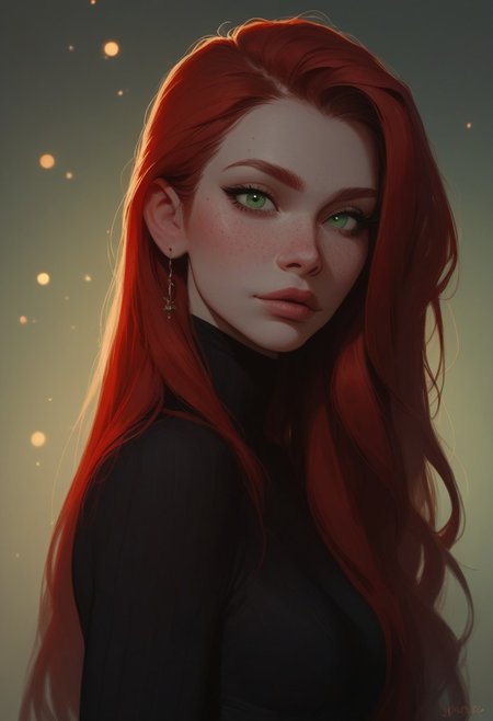 score_9, score_8_up, score_7_up, Expressiveh, very aesthetic, girl, red hair, long hair, green eyes, freckles, pale skin, small breasts, face focus, tight black dress, portrait, looking at viewer, sexy, hot, bokeh:1.2,