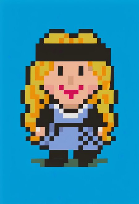 score_9, score_8_up, score_7_up, source_anime, 1girl, smile, <lora:EarthboundSpriteStyle-pdxl:1> pixel art, full body, standing, chibi, looking at viewer, blue background, <lora:zs_ChihayaXL:1> chihayap5, very long hair, blonde hair, headband, shirt, dress, black pantyhose