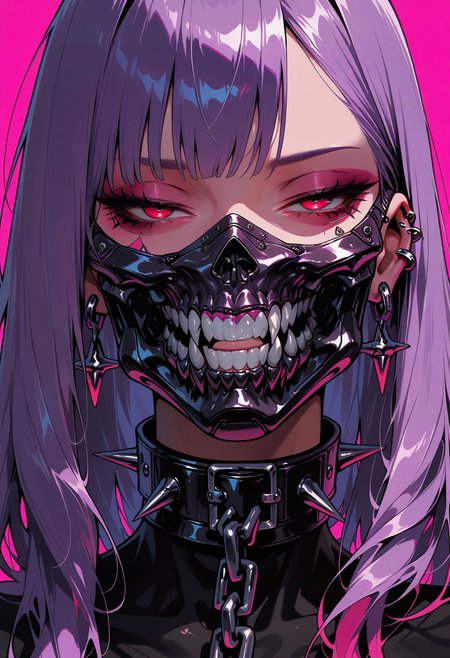 masterpiece, best quality, amazing quality, intricate detail, highly detailed,
 <lora:ArmorPunkILLUSTRIOUS:1> arm0rpunkv4
mechanical_jaw, 1girl, solo, long hair, looking at viewer, simple background, red eyes, jewelry, purple hair, earrings, teeth, collar, mask, chain, piercing, half-closed eyes, pink background, portrait, ear piercing, spikes, mouth mask, spiked collar