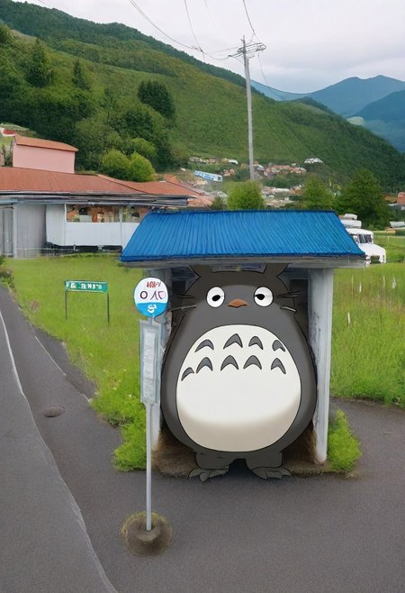 totoro,holding an umbrella,basutei, bus stop, no humans, scenery, grass, outdoors, rural, tree, sky, sign, utility pole, mountain, power lines, day, real world location, building, road, house, cloud, landscape, poster (object), mountainous horizon, fence, hill, photo background, bush, japan, field, nature
masterpiece, best quality, amazing quality, very aesthetic, absurdres, newest,
 <lora:sc_bustei_illustrious_V1L:1>