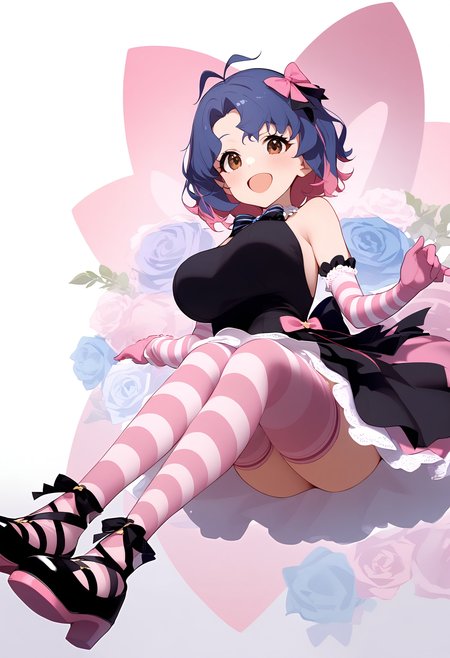 1girl,
toyokawa fuka,


blush, blue bow, blue hair, pink bow, smile, pink dress, flower, striped gloves, curly hair, open mouth, two-tone bow, pink gloves, breasts, white background, :d, pink footwear, striped thighhighs, simple background, large breasts, black footwear, black bow, short hair, knees together feet apart, pink hair, black dress, dress, full body, dress bow, two-tone hair, multicolored hair, antenna hair, solo, thighhighs, brown eyes, bow, elbow gloves, gloves, pink thighhighs, looking at viewer, hair bow, striped clothes,

sfw
<lora:a31_char_new_toyokawa_fuka:1> <lora:a31_style_koni-000010:0.8>