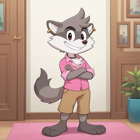 full body, indoors, Happy, Full Body, smile, Arms Crossed, male focus, jewelry, Earring, furry, solo, Indoors