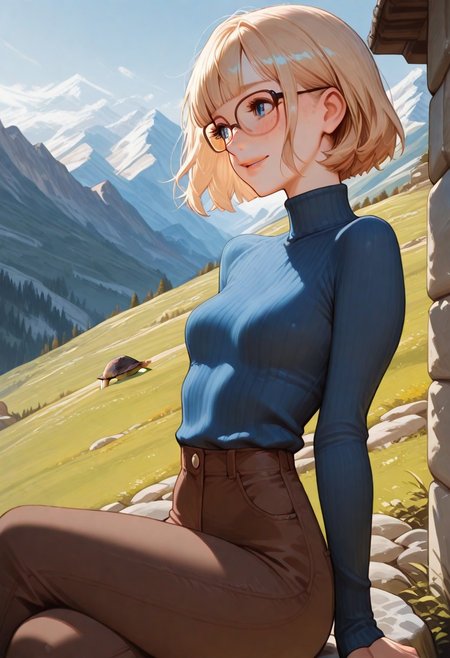 masterpiece, best quality, 32k, high resolution, absurdres, dynamic lighting, HD32k, 1girl, solo, Saly-Free, blonde, eyeglasses, short hair, blue eyes, small breasts, blunt bangs, freckles, slim, blue sweater, turtle neck, brown pants, posing cute, outdoors, parted lips, focus on face, sitting on a stone wall, profile, looking away, crossed legs, aesthetic, detailed, mountain landscape, urban scenario, shy smile