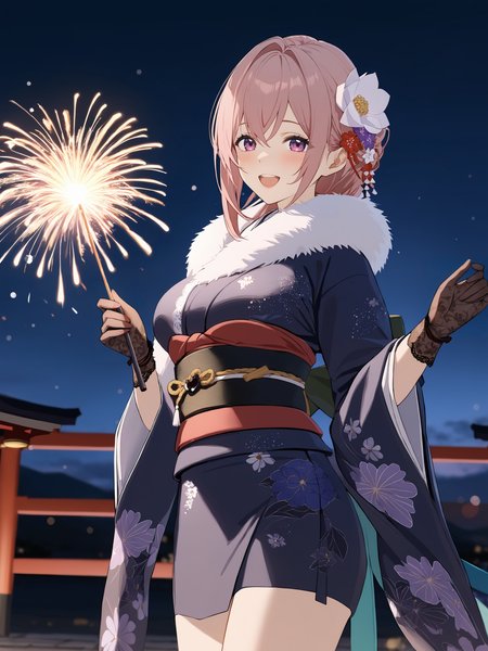 1girl, tsukishiro yanagi, solo, fur-trimmed kimono, lace gloves, hair flower, obi, sash, tabi, standing, cowboy shot, holding fireworks, smile, open mouth, night, outdoors, blurry background <lora:Char-ZZZ-Yanagi-SDXL-V1:0.9>, masterpiece, best quality, very aesthetic, ray tracing, newest, illustration, incredibly absurdres, ultra detailed, [<lora:detailed_notrigger:0.95>::0.5]