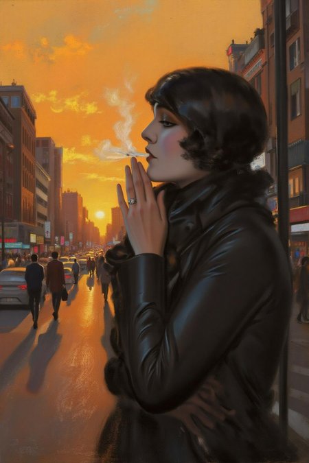 rolfarmstrong1 illustration. 
A woman, shown in side profile, smoking at a busy street corner at sunset.  <lora:rolfarmstrong1_cap_d8a4:1.0><lora:862783072322514425:0>