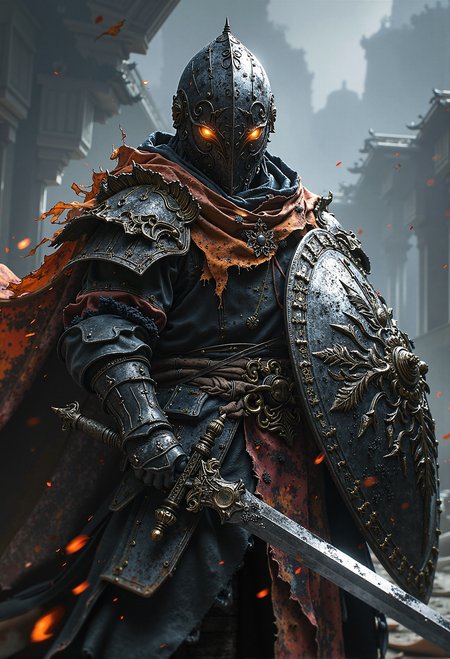 Haunted knight, rusted armor, burning eyes, cracked shield, cursed blade <lora:Elden_Ring_-_Yoshitaka_Amano.safetensors:1.0>,  <lora:black_fantasy.safetensors:0.75>,