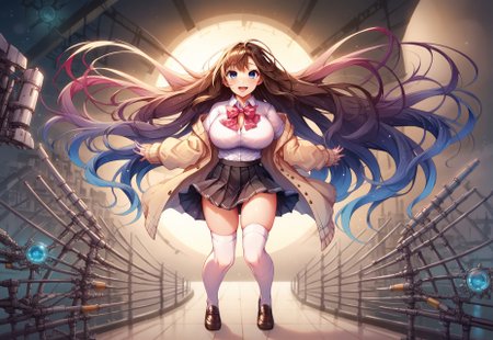 safe_pos, safe_pos, safe_pos, safe_pos, safe_pos, score_9, score_8_up, score_7_up, score_6_up, masterpiece, source_anime, high quality, perfect face, detailed eyes, perfecteyes, perfect balance, detailed face, perfect lighting, detailed background, uncensored, newest, absurdres, highres, very aesthetic, indoor, laboratory, dark atmosphere, dark, night,
uncensored, 
ichinose shiki, long hair, brown hair, blue eyes, school uniform, loafers, white thighhighs, cardigan, loose bowtie, black skirt, 1girl, solo, open mouth, smile, large breasts, pleasured, full body, long legs, larger female, tall female, looking at viewer, long calves, long legs, thin thighs, tall_girl,long_legs, 