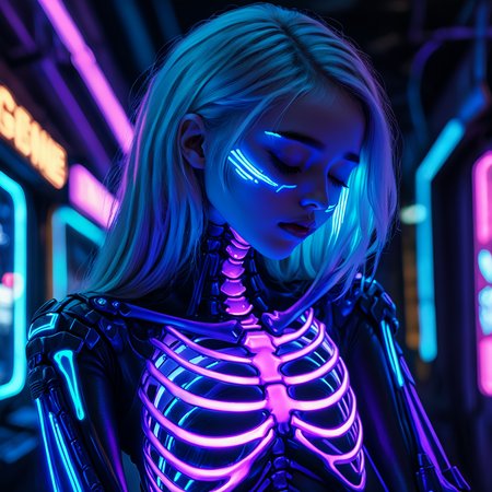 masterpiece,high detail,high resolution,
transluminescent, 1girl,solo,long hair,closed eyes,upper body,parted lips,blurry,lips,blurry background,colored skin,science fiction,realistic,ribs,skeleton,alien,cyberpunk,spine,neon lights
, <lora:transluminescent_v2_xl:0.6>,