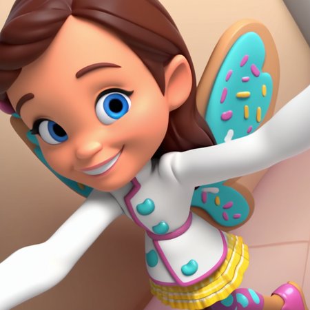 score_9, solo, bb_cf, brown hair, blue eyes, wings, chef coat, skirt, pantyhose, selfie, from above, smile