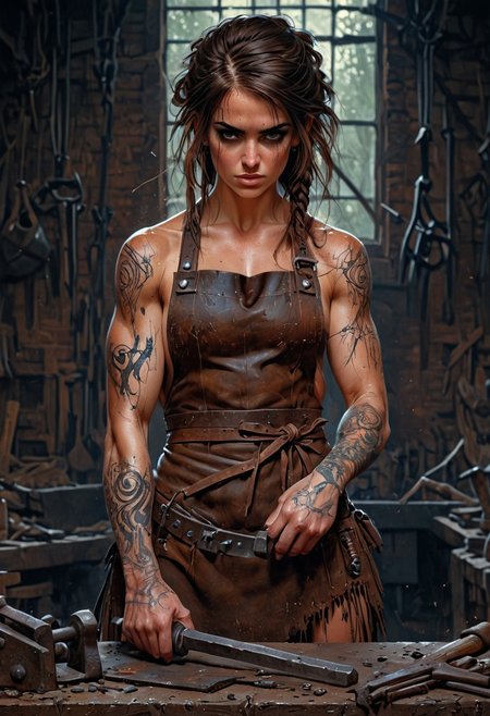1girl, (solo:1.1), woman, blacksmith, black hearts, brown hair, long hair, tied hair, cleavage, blush, leather apron, focused, hammer and anvil, tool belt, forge background, tattoos, perfect anatomy, approaching perfection, dynamic, highly detailed, smooth, sharp focus, art by Carne Griffiths and Wadim Kashin, trending on artstation, sharp focus, intricate details, highly detailed, by greg rutkowski, mysterious, epic, cinematic, digital art, 4k,   <lora:EpicF4nta5yXL:1>