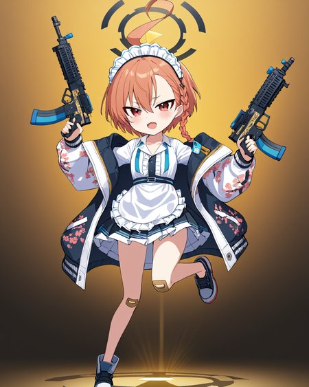 neru \(blue archive\),1girl, dual_wielding, sig_sauer, submachine_gun, chain, solo, halo, braid, maid_headdress, bandaid_on_knee, jacket, open_mouth, apron, mole_under_eye, ahoge, maid, full_body, pleated_skirt, holding_weapon
<lora:neru_(blue_archive)_image1870_2023-11-28:1>halo. gorgeous,key visual, vibrant, studio anime,award-winning, professional, highly detailed,high budget, cinemascope