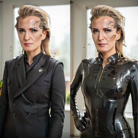 masterpiece,best quality, highly detailed, score_9, score_8_up, score_7_up, score_6_up, <lora:beforeAndAfterLatex:1>, before and after, 
BREAK
<lora:meredithPony:1.0>
 meredithstout, , black latex catsuit,