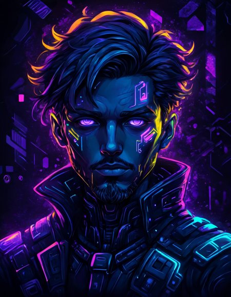 novuschroma80 style cyberpunk man  cubism  blacklight art <lora:novuschroma80 style:1>