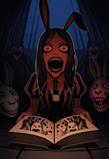 MASTERPIECE, AMAZING QUALITY, PAPER CUTOUT, POP-UP BOOK, BUNNY, CREEPY, BLOODY MOUTH, DARK, HORROR (THEME)