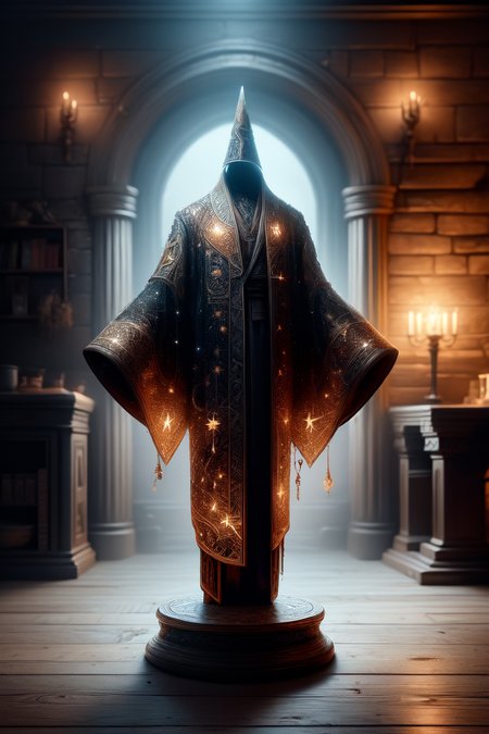 a wizard robe floating over a pedestal, masterpiece, best quality, hdr, 8k, dynamic pose, <lora:Mild detail adjusterV10:0.7>, <lora:more_details:0.3>,   <lora:wizardrope:0.6> Wizardrope <lora:typography-astrology-style-darquelilly-v1:0.7> typologyastrologystyle, prize at the end of the dungeon