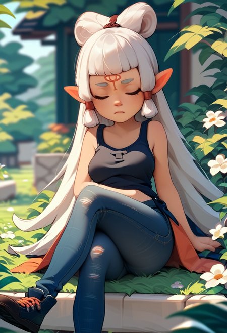 zPDXL3, score_9, score_8_up, score_7_up, 1girl, solo, medium breasts,
pointy ears, brown eyes, forehead mark,
jeans, tank top,
simple background, grass, flowers, sitting, crossed legs,  sleeping, closed eyes,
bowpaya, acvillager,