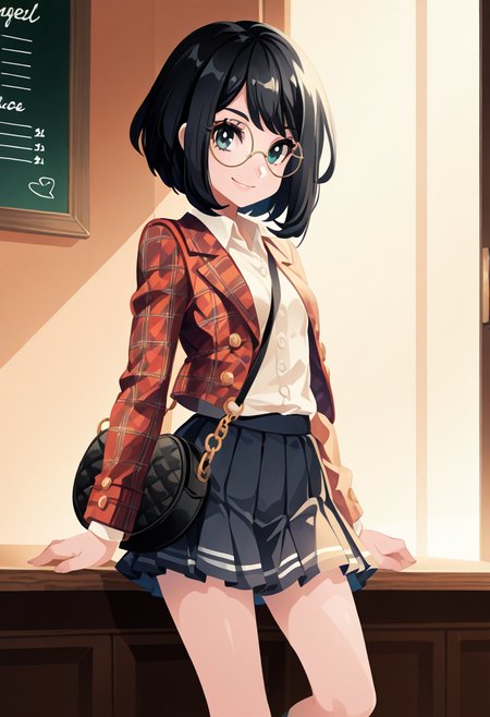 masterpiece, best quality, 1girl, solo, eyelashes, (beautiful eyes), narrow waist, smile, <lora:CoutureCraze_IXL:1.0>,   zzSelene, black hair, short hair, C0utur3Cr4z3, 1girl, solo, plaid blazer, pleated skirt, round glasses, loafers, vintage handbag, retro cafÃ©, soft lighting â Selene enjoys a quiet moment in a retro cafÃ©, her plaid blazer perfectly tailored and paired with a pleated skirt that sways gently as she sits. Round glasses give her look an intellectual vibe, while classic loafers complete her chic ensemble. A vintage handbag rests on the table beside her, and the soft, warm lighting of the cafÃ© creates a nostalgic atmosphere, highlighting her short black hair and sophisticated style.     <lora:SelenePokemon_NAI:1.0>,