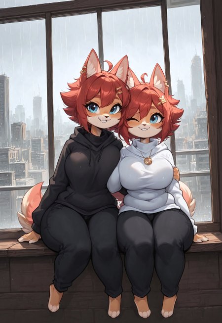masterpiece, score_9_up, score_8_up, score_7_up, score_6_up, source_furry, (best quality:1.1), ultra-detailed, high resolution, highly detailed macro illustration, duo, twins BREAK 2girls, mddkuStyle, furry female, anthro cat, animal ears, bottom heavy, thick thighs, plump, (cute expression, cute face:1.2), :3, hugging BREAK oversized sweater, black pants, jewelry, earrings, sitting on windowsill, city, rainy weather outside, indoor, warm light, serene expression BREAK Highly Visible, sharp focus, perfect lighting, anatomically correct, extremely detailed, high detail, Expressiveh, OverallDetail, zPDXL3