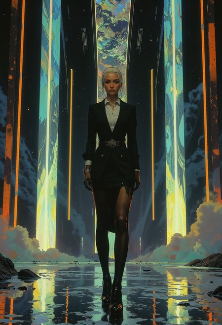 A high-resolution digital artwork features a poised, fashion-forward woman standing in a futuristic setting infused with vibrant surrealism. The woman, with fair skin and sleek platinum blonde hair cascading past her shoulders, wears a sharply tailored black suit with a cinched blazer, structured shoulders, and a crisp white button-down shirt underneath, complemented by a sleek black tie. A high-waisted, pleated skirt stops just above her knees, paired with sheer black thigh-high stockings and glossy black stilettos, exuding modern elegance. Her confident pose has one hand adjusting her tie while the other rests firmly on her hip, her piercing gaze conveying authority. The background showcases a striking optical illusion combining bold black and white lines with interspersed electric blue, lime green, and orange lines that create a mesmerizing sense of depth. Towering behind her are three glowing, iridescent monoliths radiating fluid, shifting colors, adding to the surreal atmosphere. The floor beneath her is an iridescent surface adorned with subtle, sparkling patterns that mirror the vibrant colors above, grounding the composition in a cohesive, dreamlike aesthetic. HD, 8K quality, ultra-detailed, masterpiece artwork, flawless anatomy.