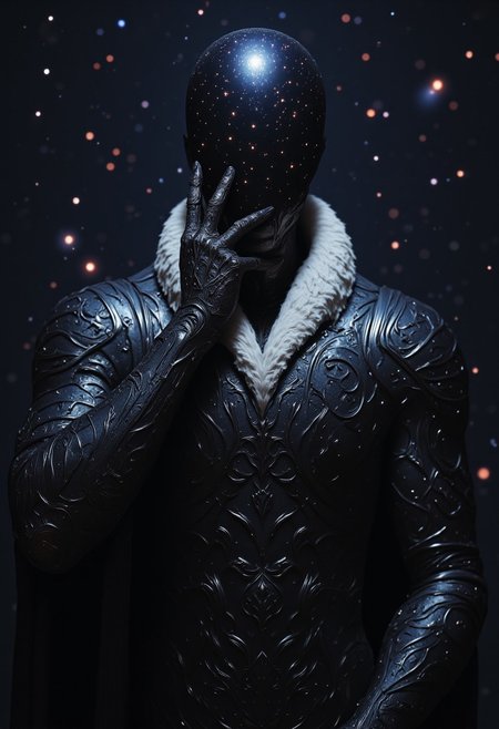 This high-quality digital artwork depicts a faceless god, holding up his hand to his face, holding the universe in his palm, getting ready to destroy all that it's birthed and created in one quick motion. The god has is has no face. Instead, where the gods face would be is a smooth, featureless, black surface, consumed by darkness with a swarm of beautiful stars scattered. The faceless god is clothed in an elegantly designed, dark, lightly  armored robe, with a white fur collar, that covers the spirits torso and arms. The background features a universe with colorful twinkling stars. The camera angle is leveled, looking at the faceless god, emphasizing it's gut wrenching situation. The depth of field is wide, keeping everything in sharp focus, highlighting every magnificent detail. The overall aesthetic quality is very high, showcasing excellent use of lighting and composition.