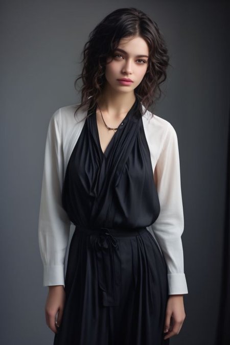 masterpiece,best quality,ultra_detailed,<lora:ArmaniSD:0.7><lora:BellissimaSD1.0:0.7> bellissima , dark background, 1girl wearing a white collared shirt, collared shirt, black pants, bla, chain necklace,  Armani style, realistic, fashion, cowboy shot,by Ellen von Unwerth