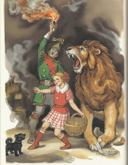 <lora:lv:1>, This image is a watercolor painting depicting a dramatic scene from a historical or fantasy setting. The central figure is a man dressed in a green military uniform with a red sash, standing on the left side of the image. He holds a torch high in his right hand, which is ablaze with a bright flame, casting a warm glow around him. His left hand rests on the shoulder of a young girl dressed in a red and white checkered dress, who is holding a basket. Behind them, a large, roaring lion stands on the right side of the image, its mane flowing and its mouth open, emitting a fiery breath. The lion is positioned to the right of the man, and the girl is positioned slightly behind the man. In the foreground, a small black dog stands, looking up at the man. The background is a mix of dark and light tones, suggesting a night or stormy scene, with swirling clouds and a hint of a dark, ominous sky. The textures in the painting are soft and detailed, with a blend of warm and cool colors creating a vivid and dynamic composition. The overall style is reminiscent of 19th-century illustrative art.