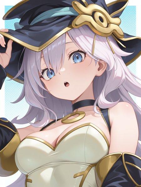nightmare apprentice, 1girl, solo, cleavage, open mouth, looking at viewer, upper body, medium breasts, polka dot background, white leotard, black choker, black detached sleeves, black witch hat, hand on headwear, from below
masterpiece,best quality,amazing quality,very aesthetic,absurdres,newest,<lora:Nightmare Apprentice illuXL v1:0.7>,