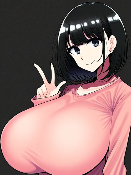 score_9, score_8_up, score_7_up,  
1girl, black hair, medium hair, huge breasts, pink t-shirt, long sleeves, face, smile, looking at viewer, black background,
solo, simple background,