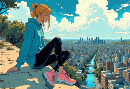 A dynamic anime-style illustration of a glamour woman sitting on the edge of the sydney opera house, overlooking the bridge,, high above the city. She has her legs stretched forward with her hands gently resting on her knees, her upper body leaning slightly forward. She wears a bright blue hoodie, black leggings, and vibrant pink sneakers with white soles. Her golden blonde hair flows naturally in the breeze.
The background features a vivid urban cityscape seen from an extreme height, with detailed skyscrapers, small cars, and bustling streets far below. The perspective emphasizes depth and height, creating a thrilling and adventurous atmosphere. The color scheme is dominated by bright blue and pink tones, with no orange elements.
The sunlight casts soft, warm shadows, enhancing the vibrant and energetic mood. The overall composition is dynamic and asymmetrical, with a strong sense of scale and movement in the scene.
<lora:Anime v1.3:1.2> <lora:Blue_Future:0.9> <lora:Ethereal_Brush_Anime_v1.0:0.6> <lora:It's a LoRA for portraits, BUT! actually specialized in backgrounds. v1.0:0.15>