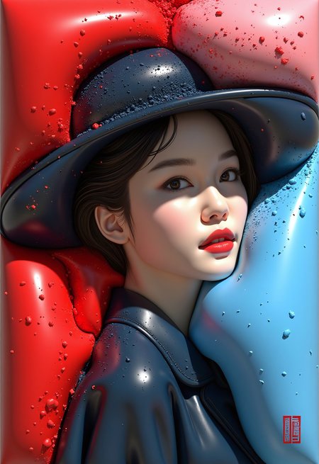 pengzhng,A woman wearing a wide-brimmed hat,gorgeous colors,the woman's hair breaks into small pieces and turns into powder as it moves away from her head,the abstract red background and fantastic blue gradient add to the mysteriousness,the heavy and unstructured thick brush strokes beautifully express the portrait of a woman,ColorArt,