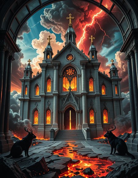 A once-majestic celestial temple, now under siege by the forces of Hell. The grand white stone structure is cracked and scorched, its golden crosses twisted and broken. The stained-glass windows, once glowing with warm divine light, are now shattered, with demonic symbols glowing ominously in their place. The sky, once a serene blue, is now consumed by dark storm clouds, swirling with red lightning and thick smoke.
Black, jagged chains extend from the sky, wrapping around the temple as if trying to pull it down into the abyss. The once-fluffy clouds beneath the structure are now a chaotic mix of fire, ash, and dark mist, with glimpses of molten lava cracks below. Infernal creatures with glowing red eyes lurk in the shadows, their silhouettes barely visible through the smoke and fire.
The temple doors are blown open, revealing an eerie red glow emanating from within, as if Hell itself is consuming the sacred space. Massive demonic runes are etched into the stone, pulsating with an unholy energy. The entire scene is bathed in a deep crimson and orange glow, giving it an apocalyptic and nightmarish atmosphere.
Style & Lighting:
- Dark fantasy, highly detailed
- Dramatic, high-contrast lighting with fiery glows
- Cinematic composition, epic scale
- Strong use of shadows, embers, and atmospheric foghighly detailed and atmospheric view from inside a massive birdcage, large enough for a human to stand inside. The cage is made of ornate, aged metal bars with intricate Victorian-style patterns, curving elegantly towards the domed ceiling. Sunlight filters through the gaps between the bars, casting long, dramatic shadows on the wooden floor. Delicate vines and small flowers have begun to grow around the bars, adding a touch of nature reclaiming the space. The background beyond the cage is blurred, hinting at a lush garden or a mysterious, abandoned mansion. The ambiance is serene yet slightly melancholic, with warm golden light illuminating dust particles floating in the air. Soft feathers are scattered on the floor, adding to the sense of quiet abandonment. The perspective makes the viewer feel as if they are inside the cage, looking outward, surrounded by both beauty and confinement. The style is highly detailed and realistic, with a cinematic and slightly surreal atmosphere.
<lora:SDXLFaeTastic2400:0.4> <lora:extremely_detailed:0.4> extremely detailed 
<lora:evil_celestial_t3mpl3-i:1> evil celestial t3mpl3, Masterpiece,best quality,hi res,8k,hi res,8k,award winning,(sharp focus, intricate, highly detailed),