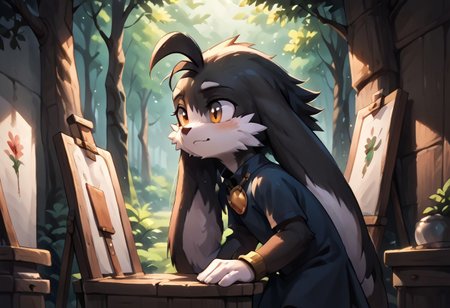 score_9, score_8_up, score_7_up, score_6_up, score_5_up, score_4_up, <lora:Klonoa_Character_PonyXL:0.8> ,  Klonoa, two long ears, fur, anthro, Klonoa, g5, rich colors, forest operations, forest, thicket, communal appearance , presents a painting of rabbits and pony, aroused, front view, detailed background, detailed, 8k quality, side view, beautiful, teasing, easel and brushes, leaned to the floor, freely actions, dress,