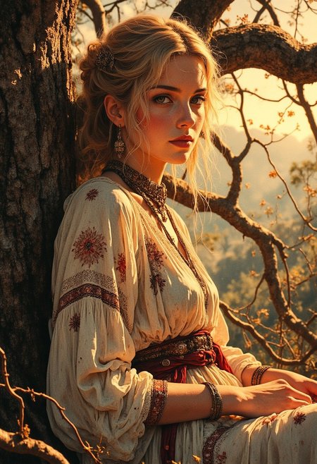Soft, golden moonlight filters through the gnarled branches of a magnificent, ancient oak tree, illuminating a tender intimate moment of reflection, captured in a warm, Film Noir-inspired photograph, reminiscent of Orson Welles' cinematography. A petite, lithe Finnish woman with delicate features and golden blonde hair gathered loosely on top of her head, adorned with eclectic, vintage-inspired jewelry and a flowing bohemian outfit, complete with intricate lace, tassels, and delicate floral patterns that shimmer in the moon's gentle light, leans against the old oak, looking towards the camera with a slight, enigmatic smile.